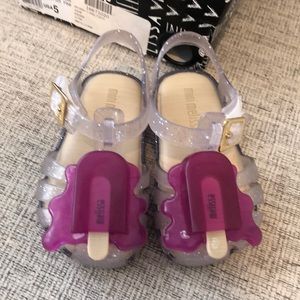 Sandals, Mini Melissa Aranha, clear glitter, size 5 baby, melting popsicle